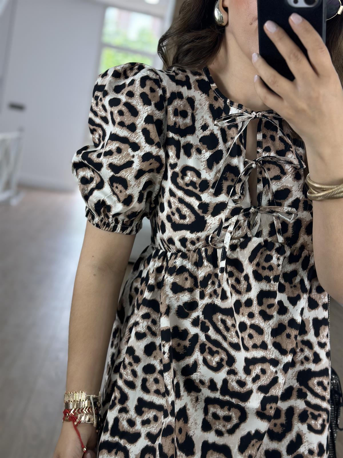 Balon Kol Önü Bağlamalı Leopar  Elbise