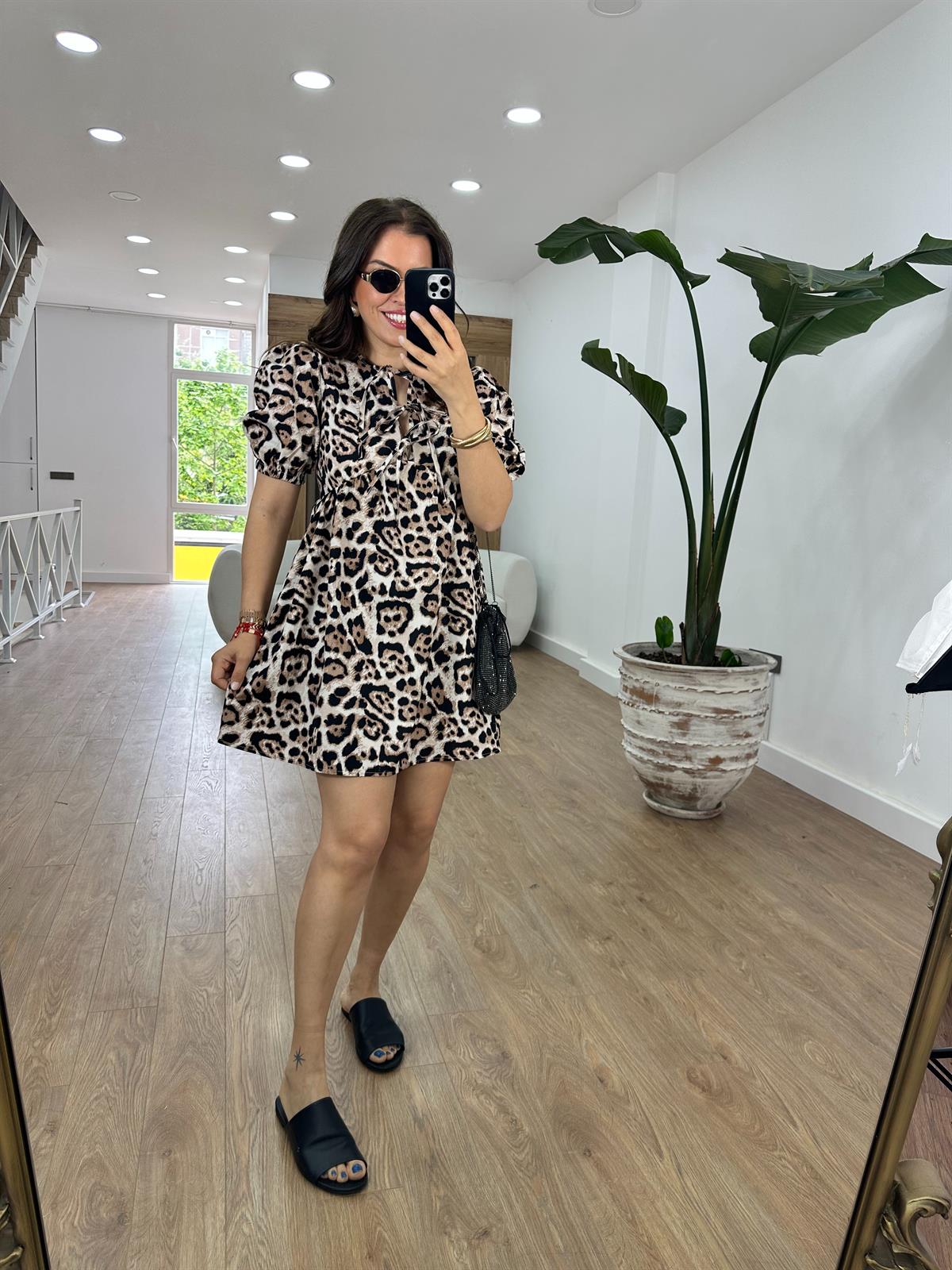 Balon Kol Önü Bağlamalı Leopar  Elbise