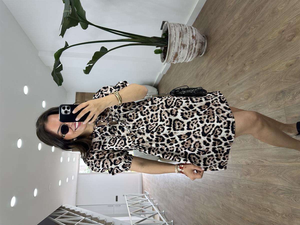 Balon Kol Önü Bağlamalı Leopar  Elbise