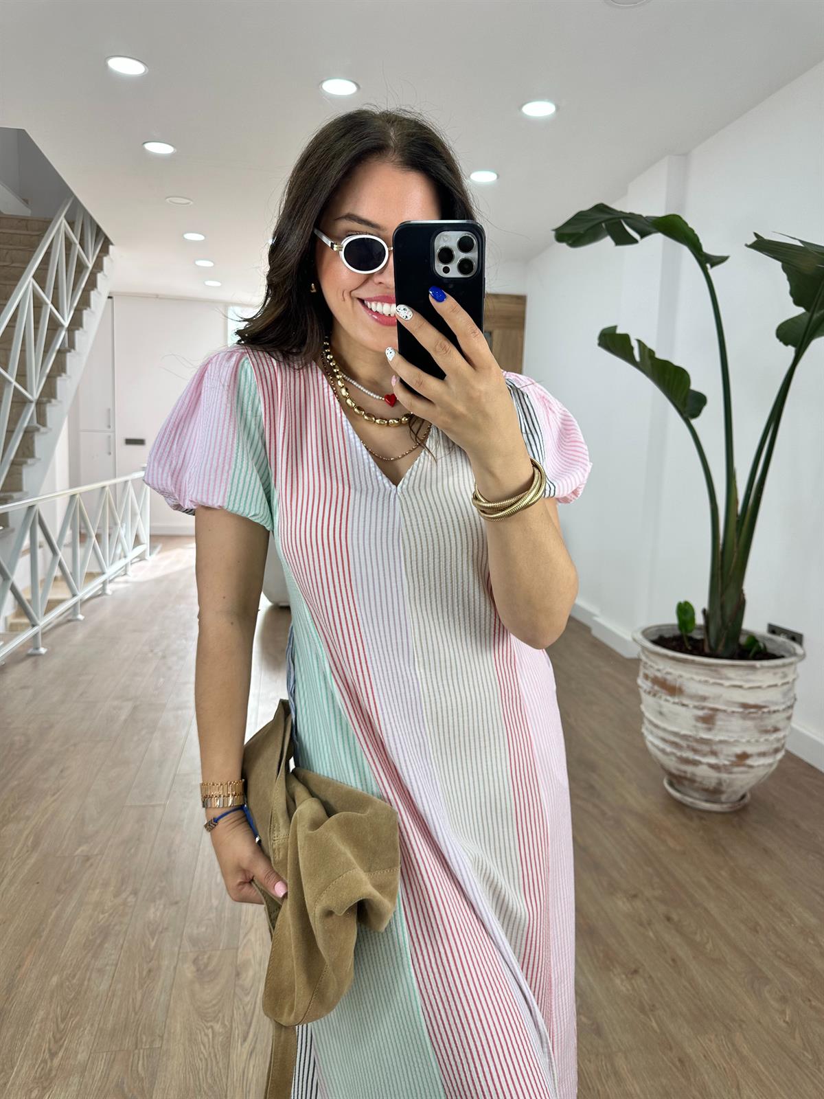 Balon Kol Renk Geçişli Cepli Elbise