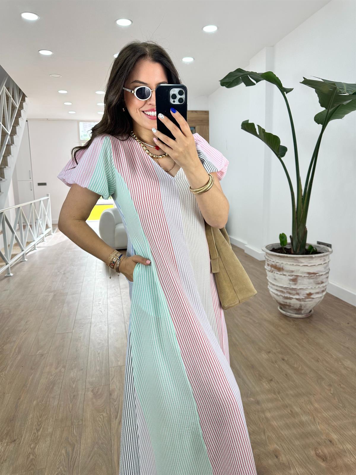 Balon Kol Renk Geçişli Cepli Elbise