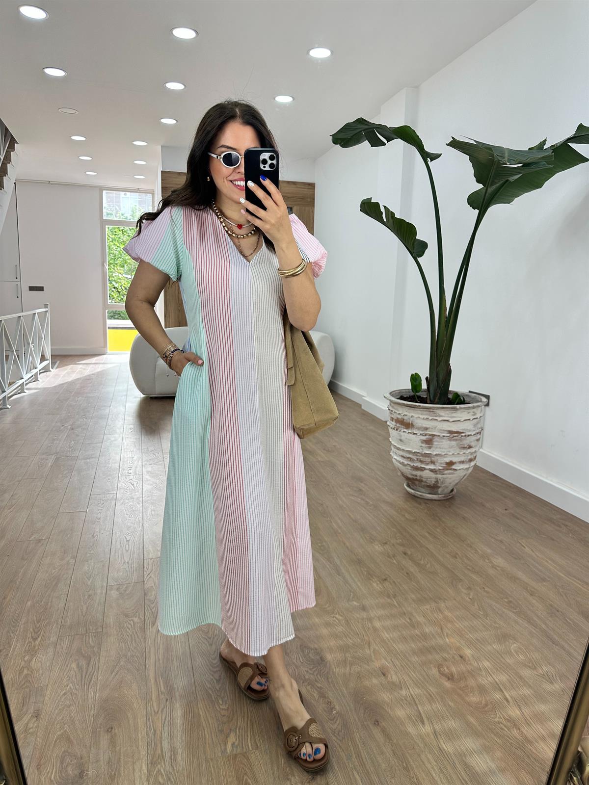 Balon Kol Renk Geçişli Cepli Elbise