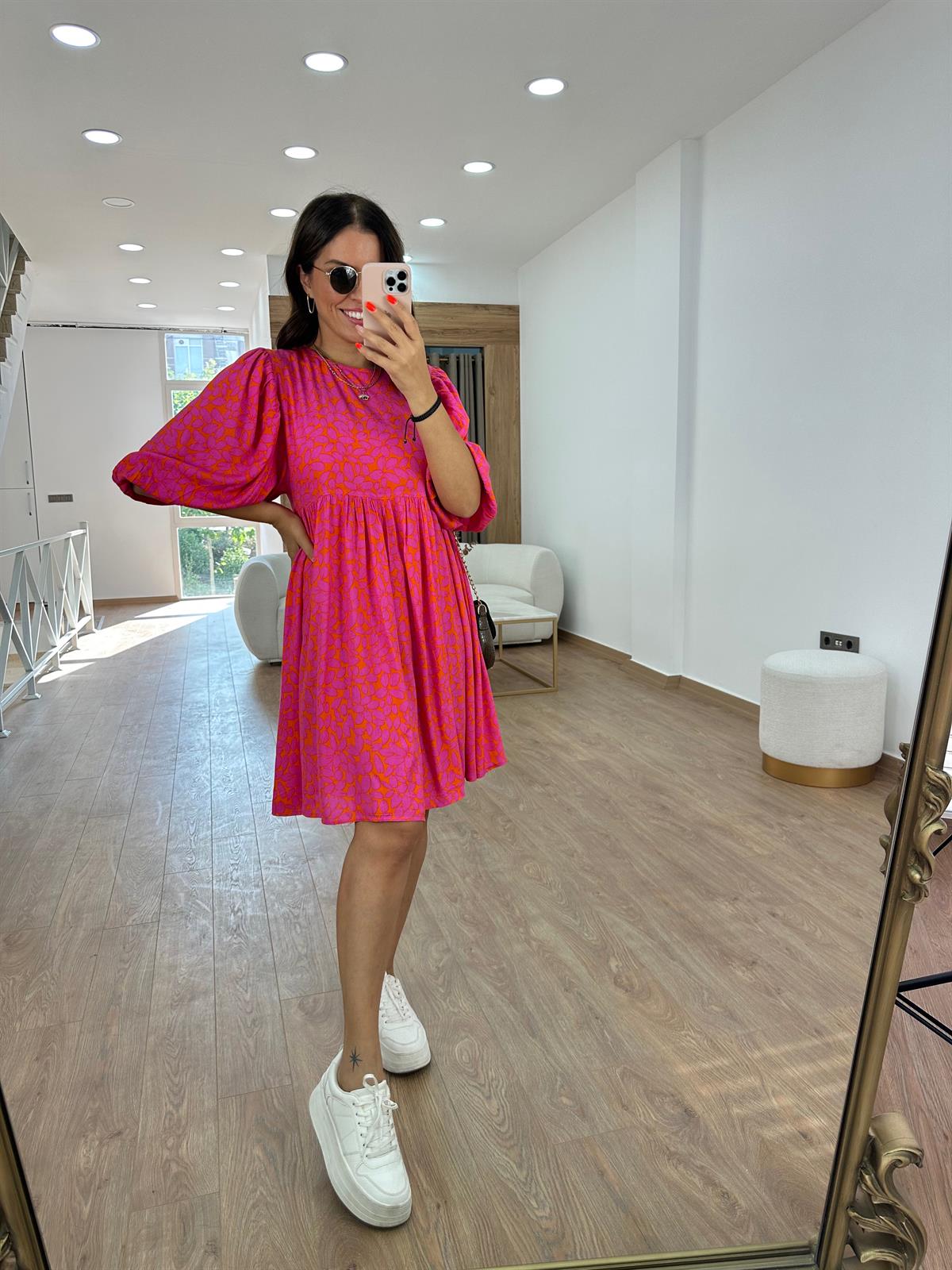 Balon Kol Renkli Viskon Elbise