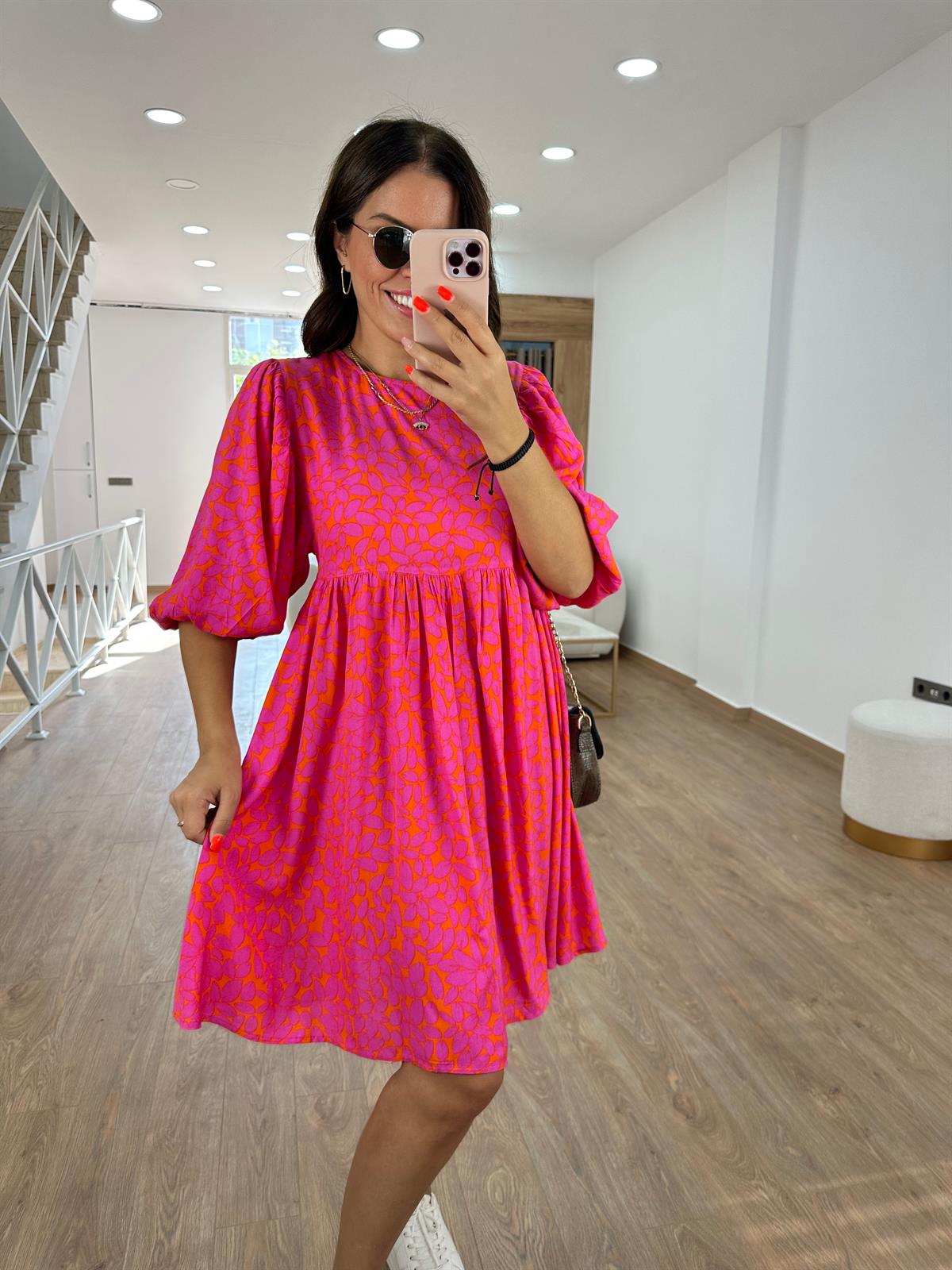 Balon Kol Renkli Viskon Elbise