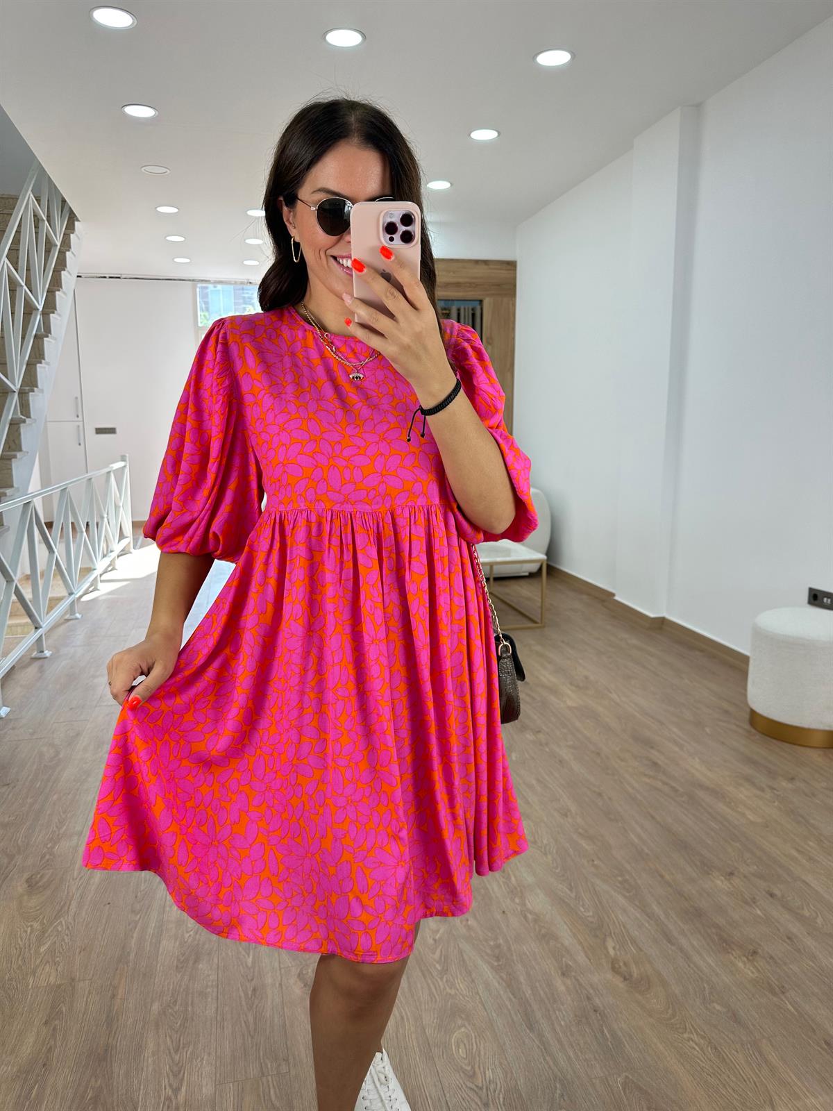 Balon Kol Renkli Viskon Elbise