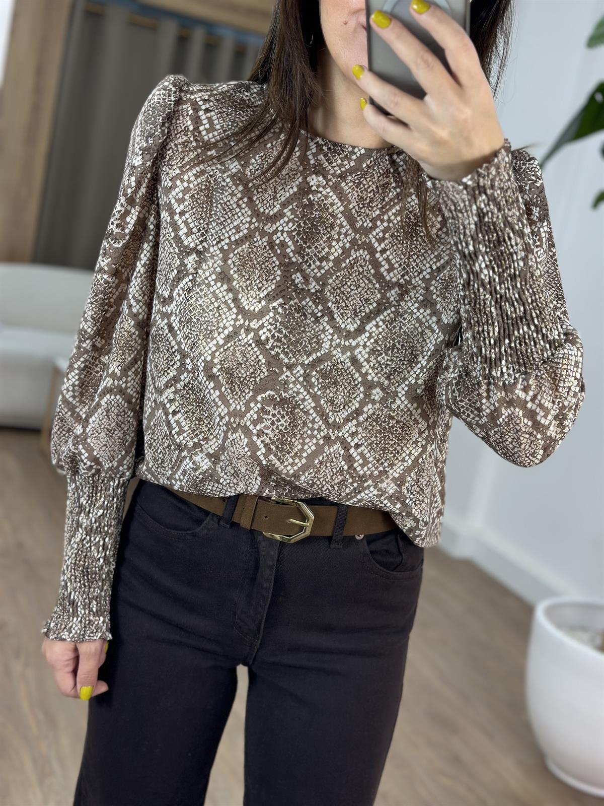 Balon Kol Vatkalı Şifon Bluz - Kahverengi