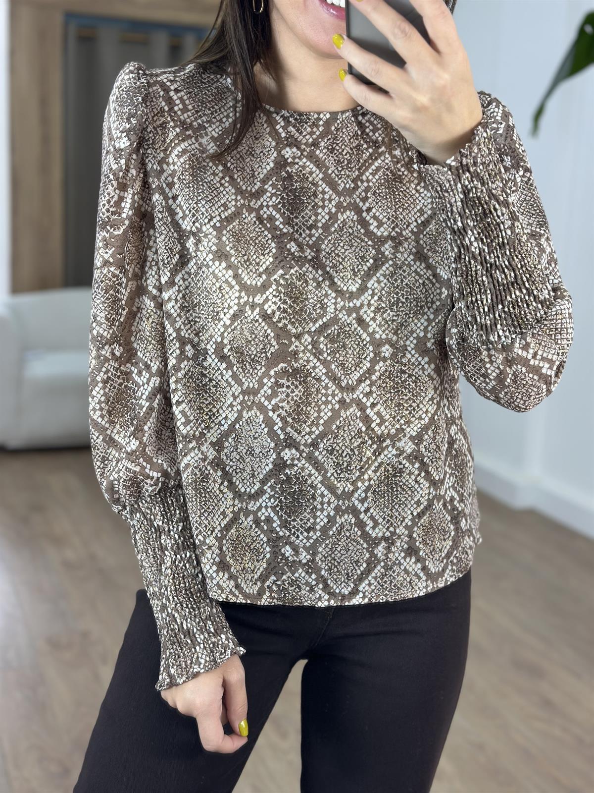 Balon Kol Vatkalı Şifon Bluz - Kahverengi