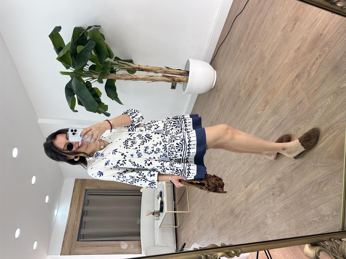 Balon Kollu Desenli Mini Elbise