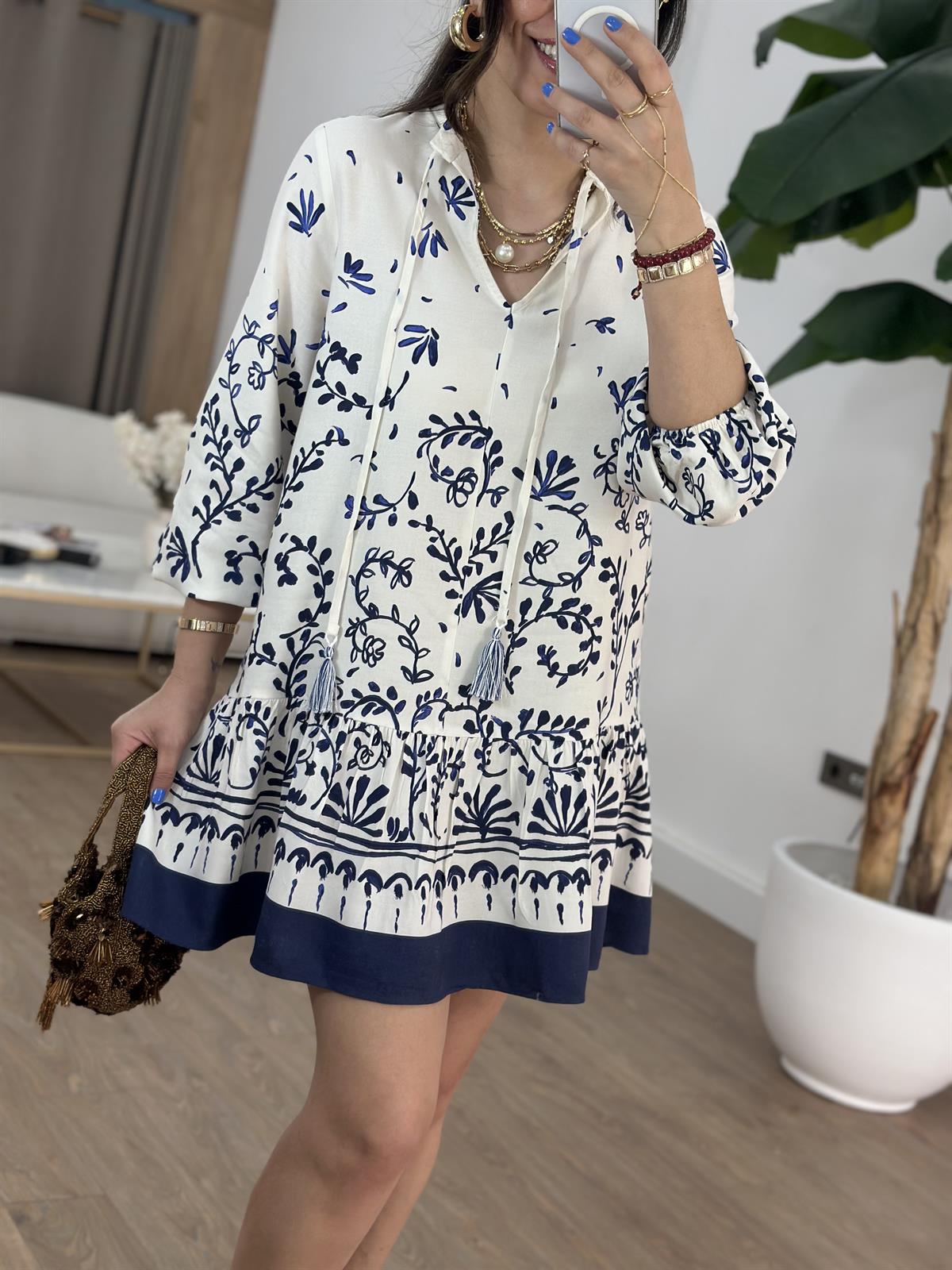 Balon Kollu Desenli Mini Elbise