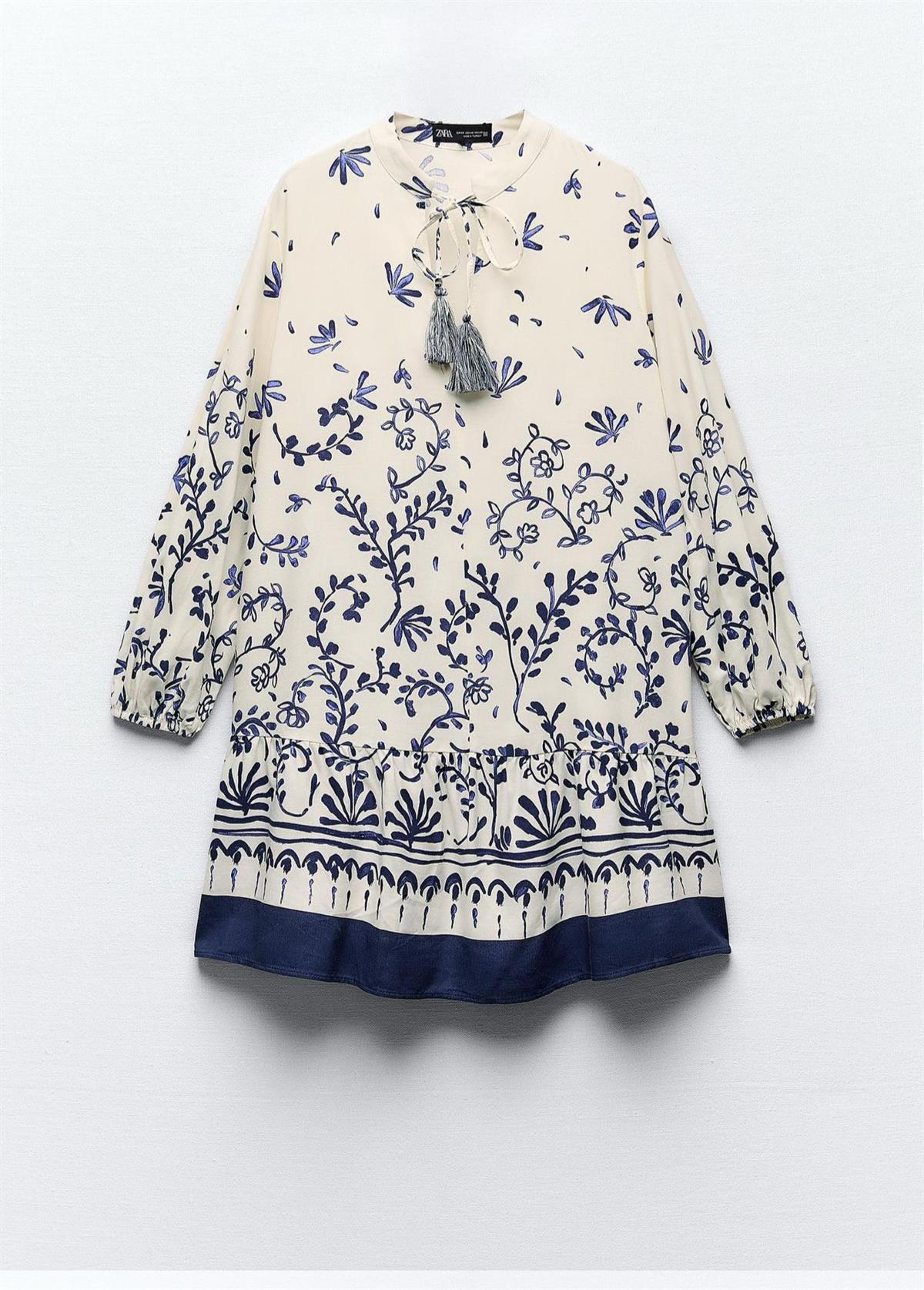 Balon Kollu Desenli Mini Elbise