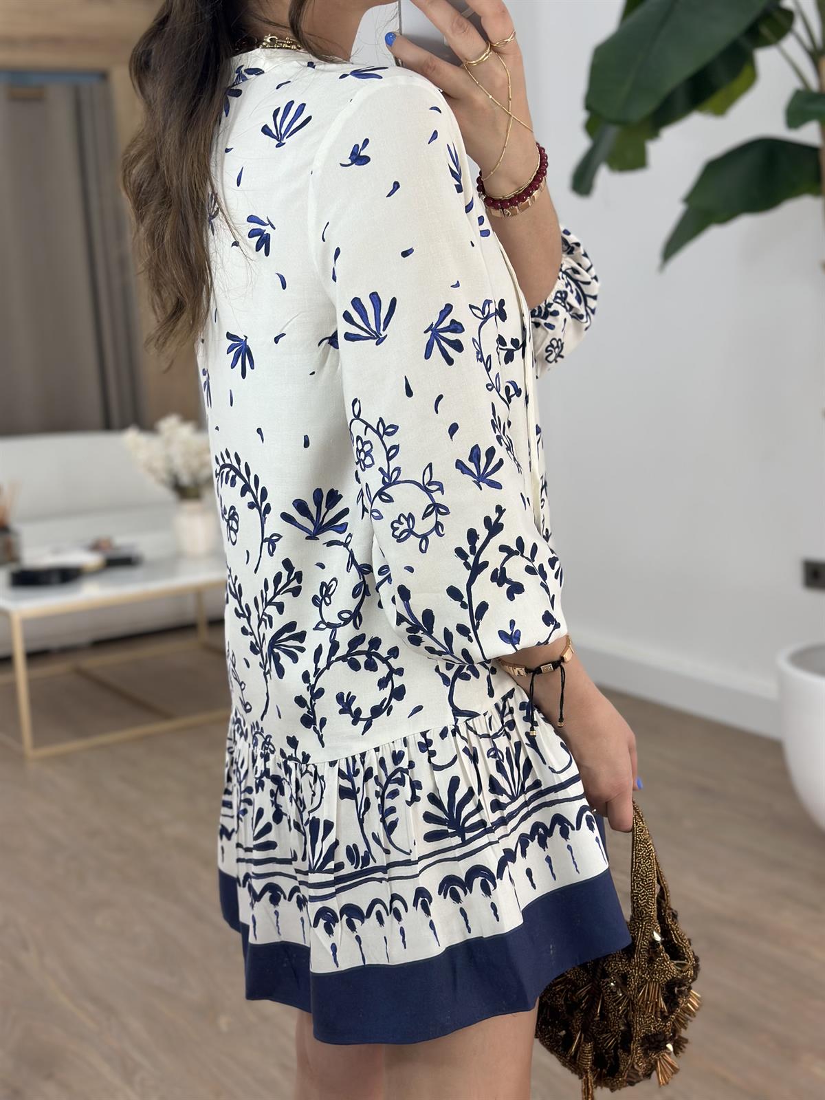 Balon Kollu Desenli Mini Elbise