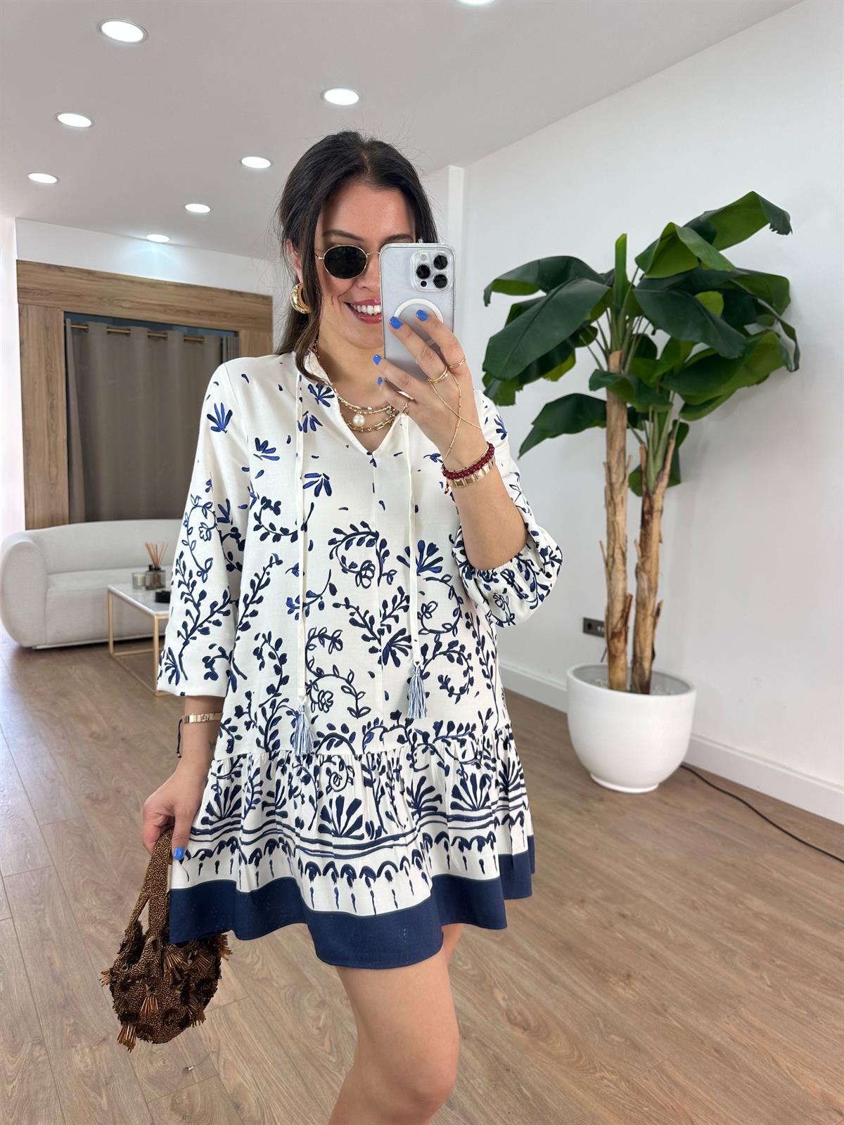 Balon Kollu Desenli Mini Elbise