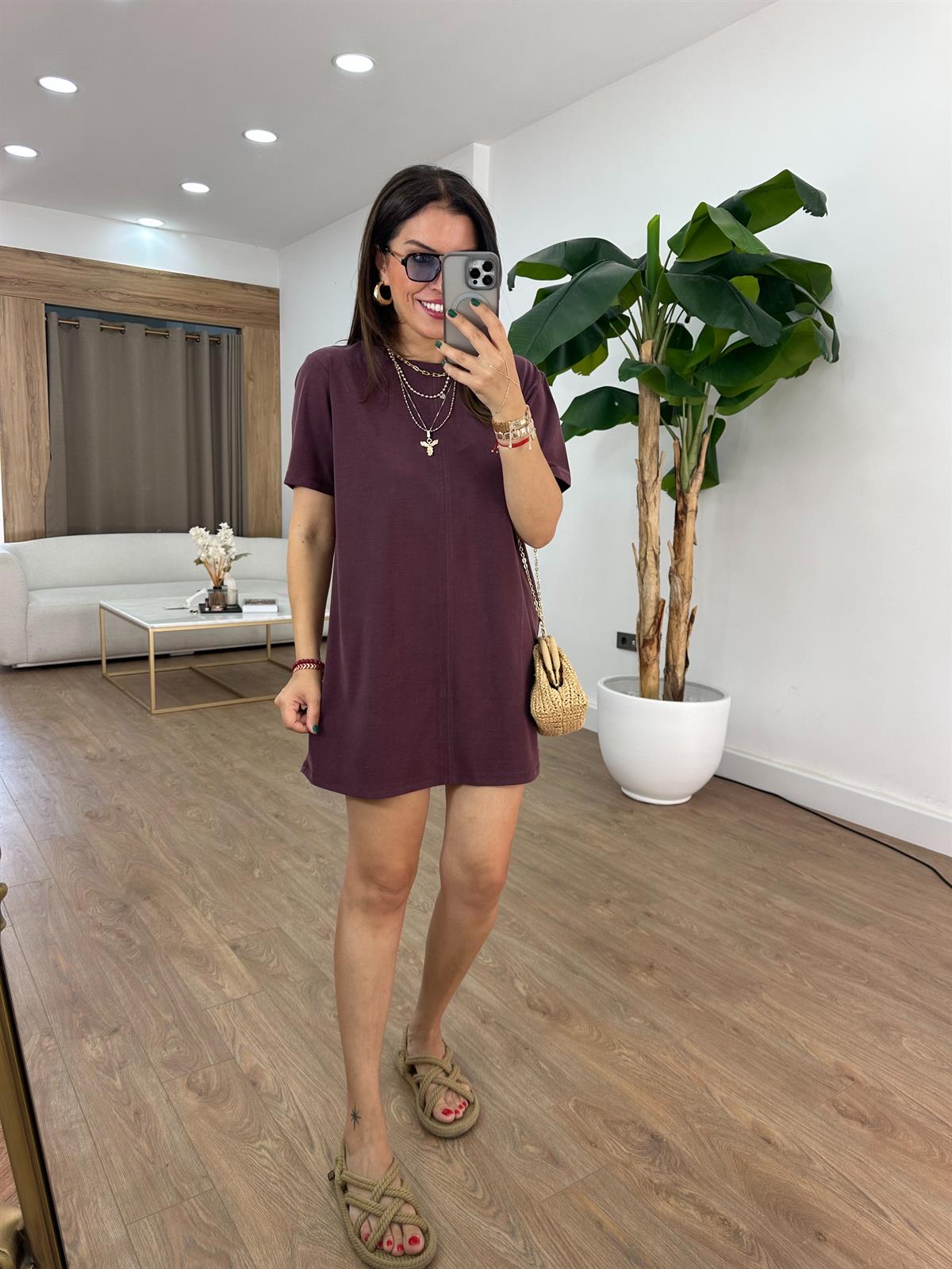 Basic Modal Mini Elbise - Bordo