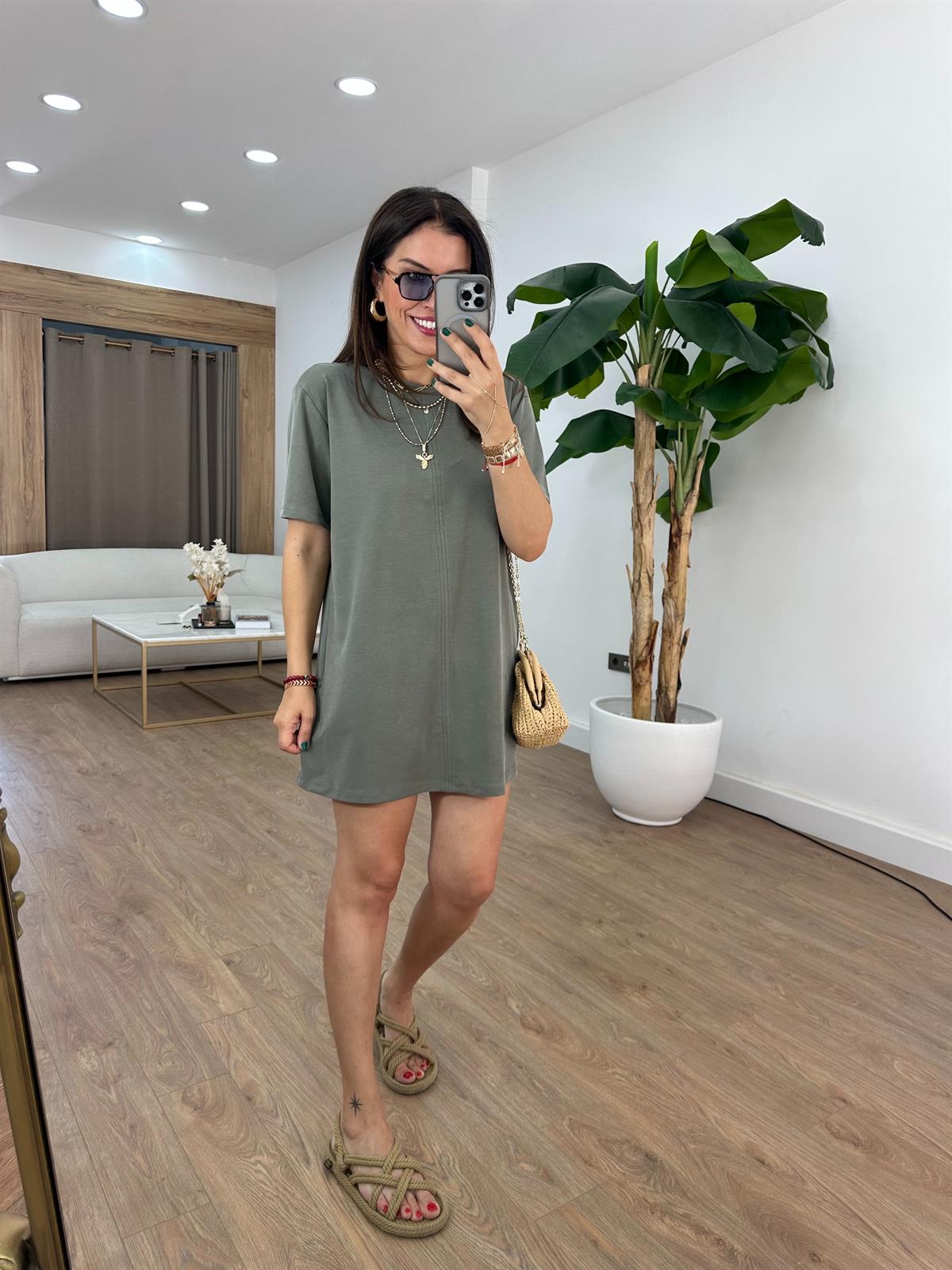 Basic Modal Mini Elbise - Haki