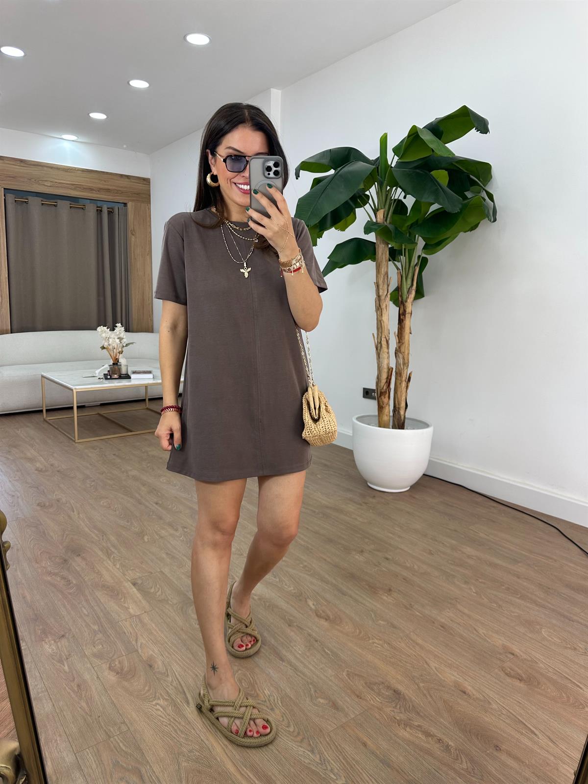 Basic Modal Mini Elbise - Kahverengi