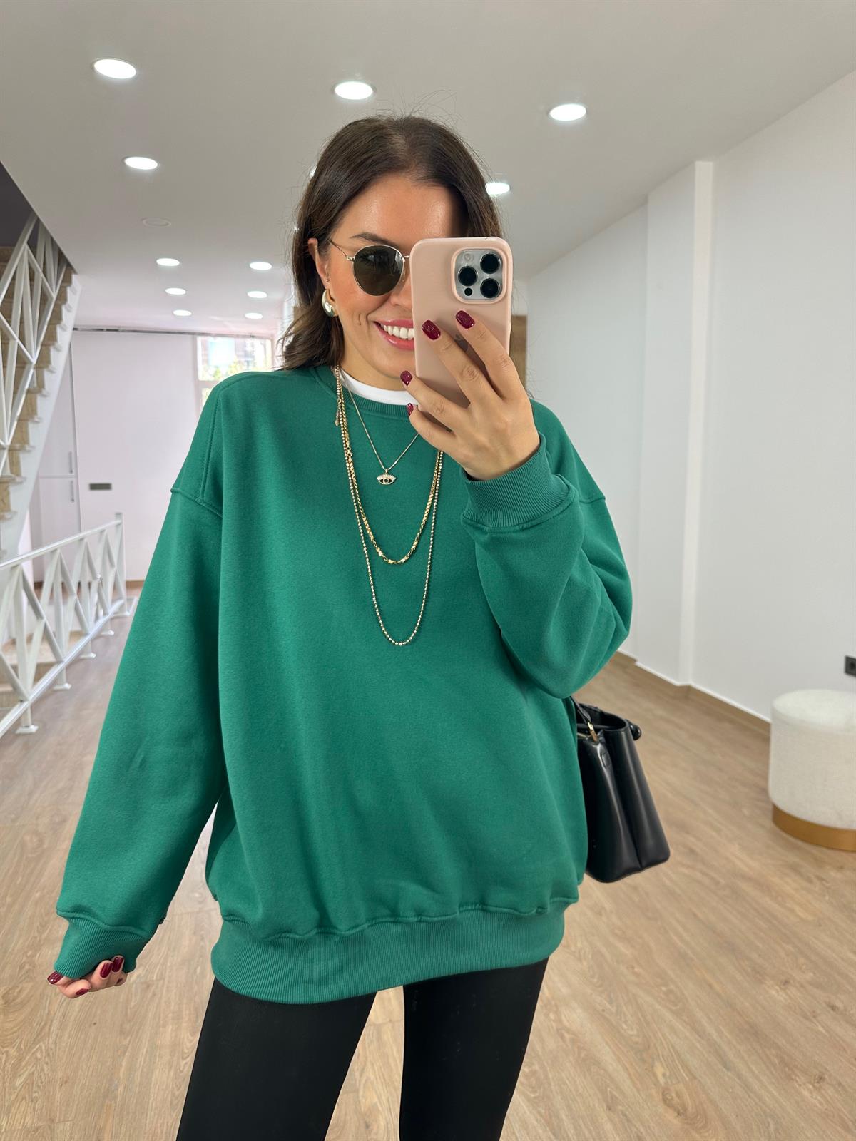 Basic Salaş Sweatshirt-Zümrüt