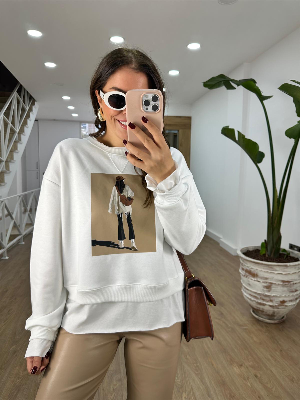 Baskı Detaylı İki İplik Sweatshirt-Ekru
