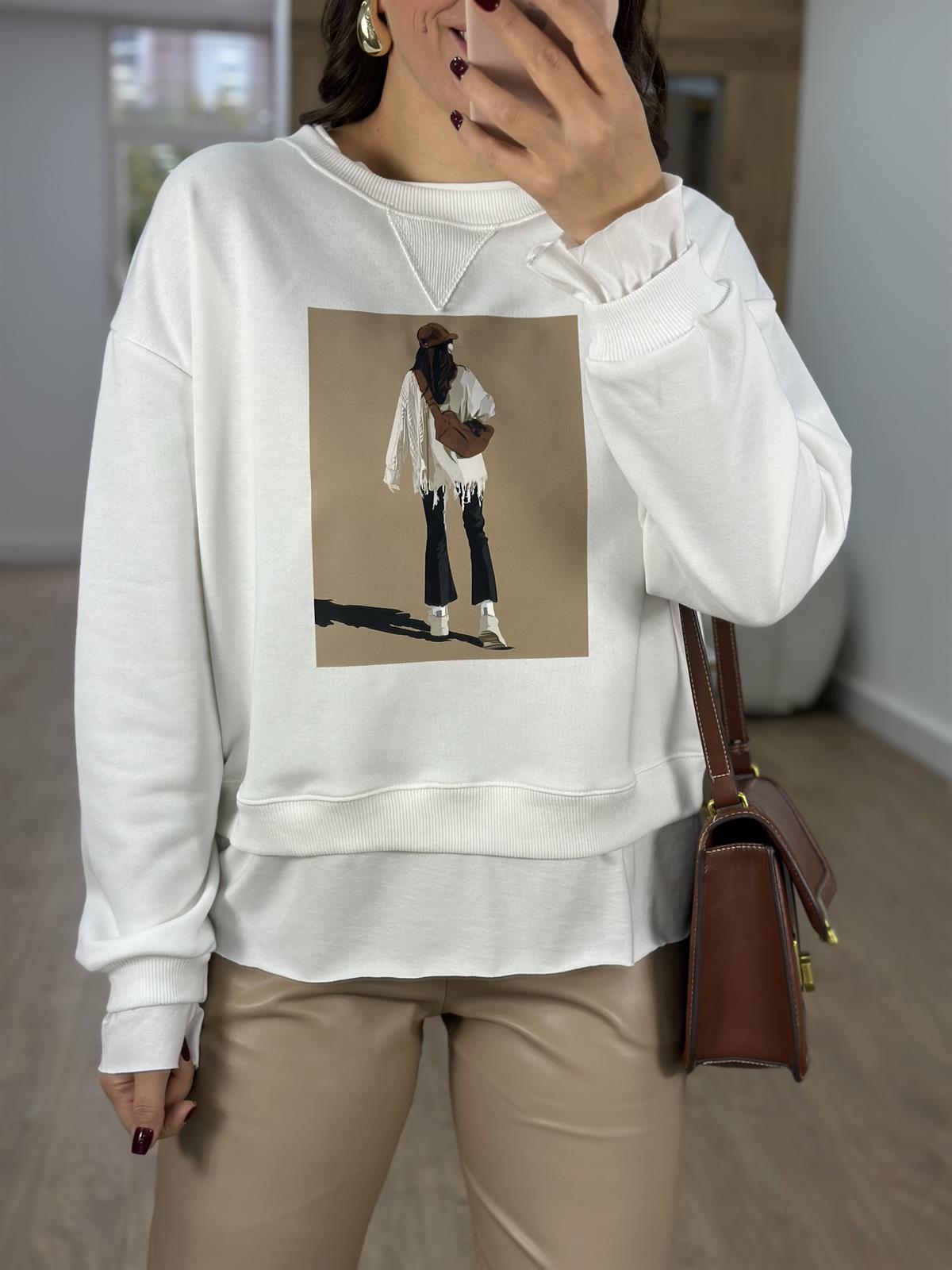 Baskı Detaylı İki İplik Sweatshirt-Ekru
