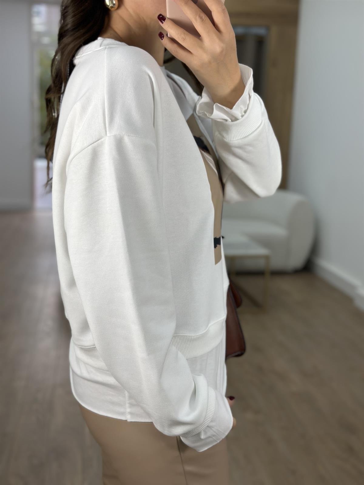 Baskı Detaylı İki İplik Sweatshirt-Ekru