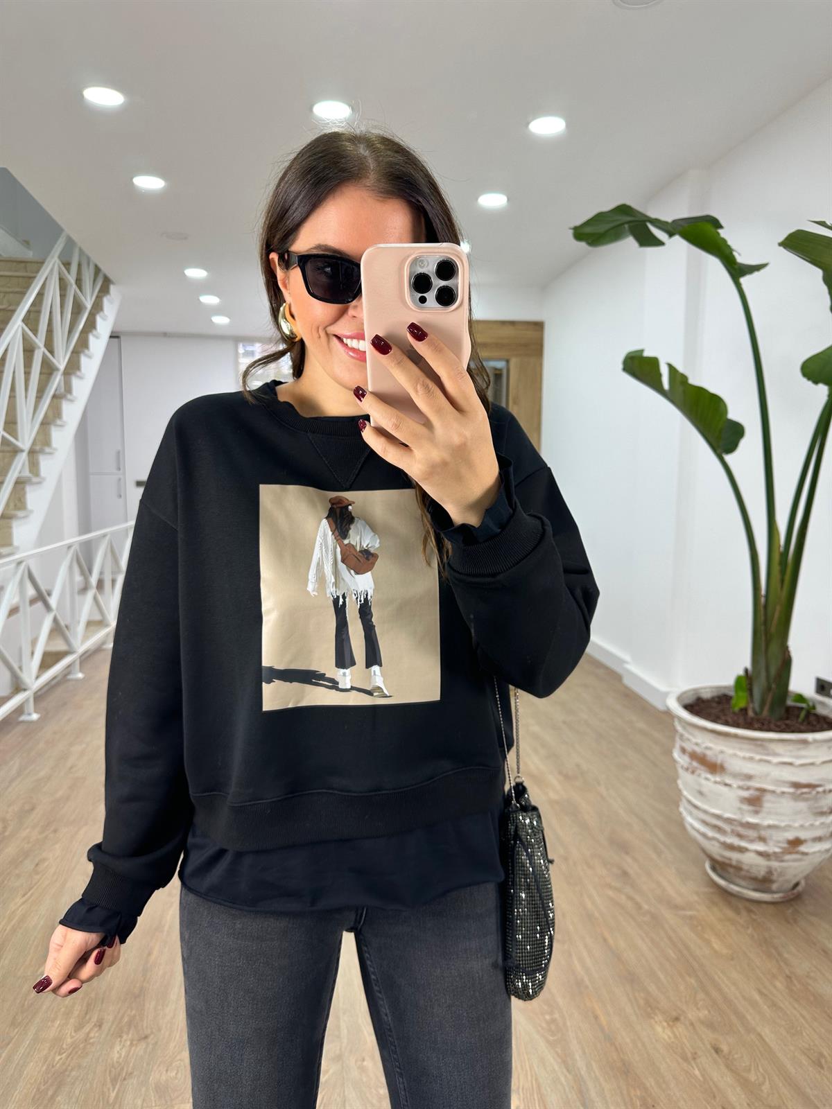 Baskı Detaylı İki İplik Sweatshirt-Siyah