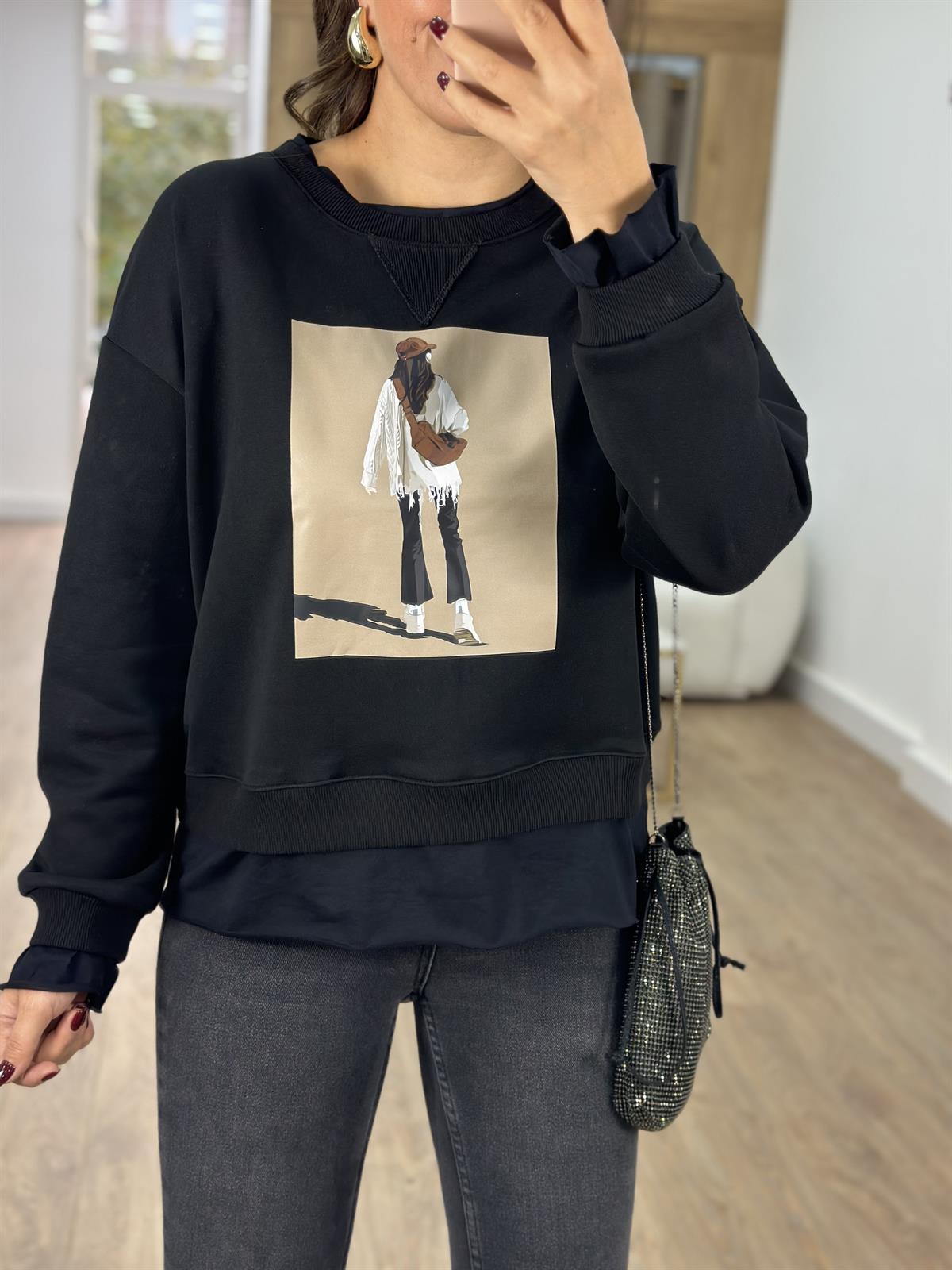 Baskı Detaylı İki İplik Sweatshirt-Siyah