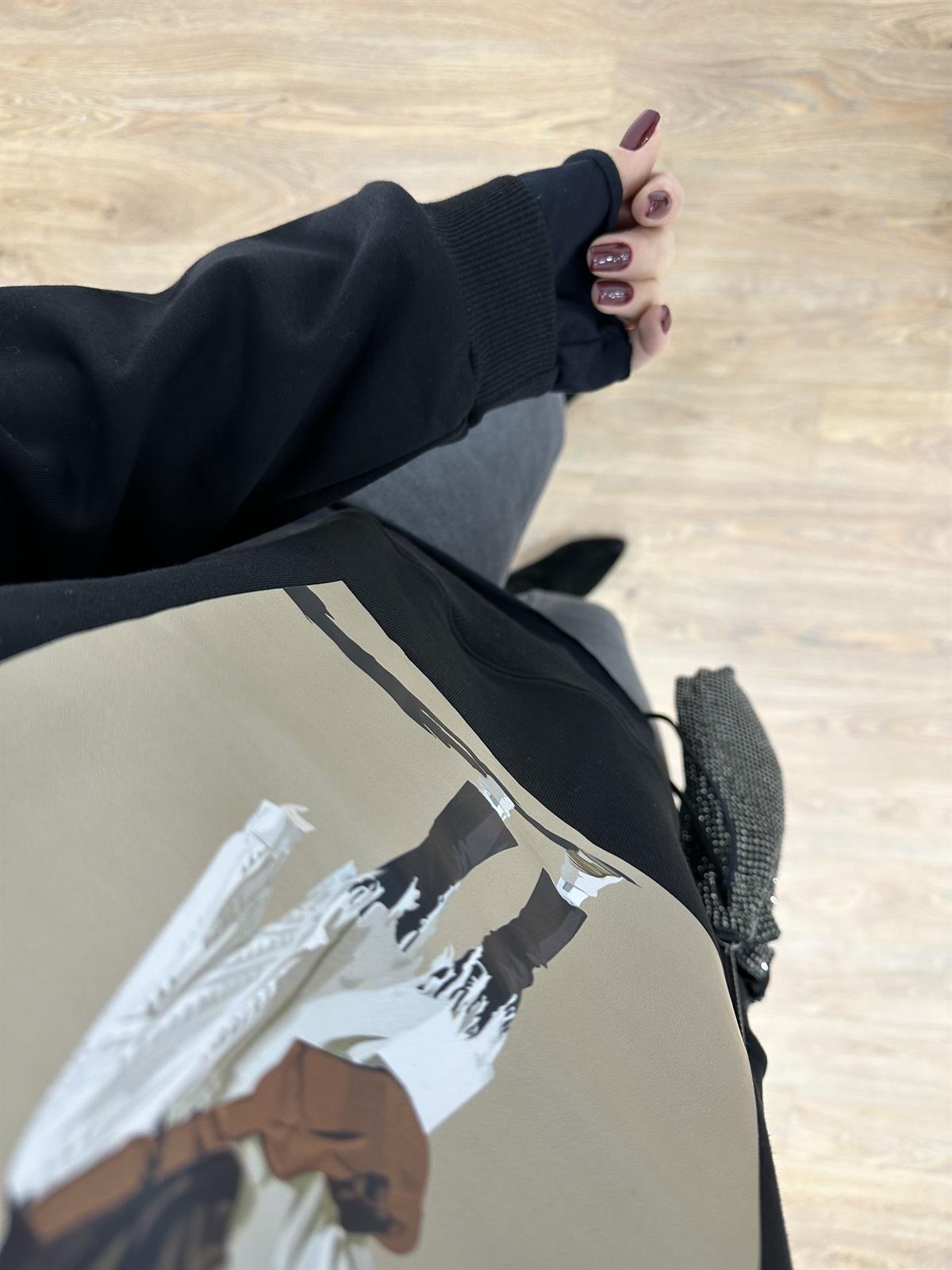 Baskı Detaylı İki İplik Sweatshirt-Siyah