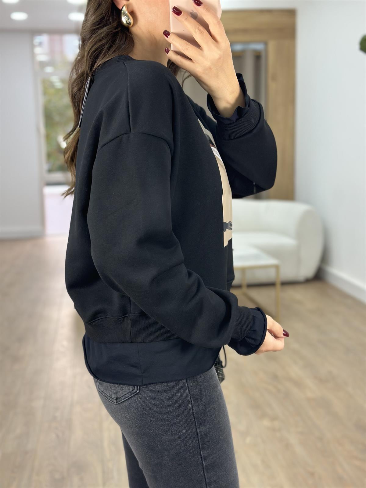 Baskı Detaylı İki İplik Sweatshirt-Siyah