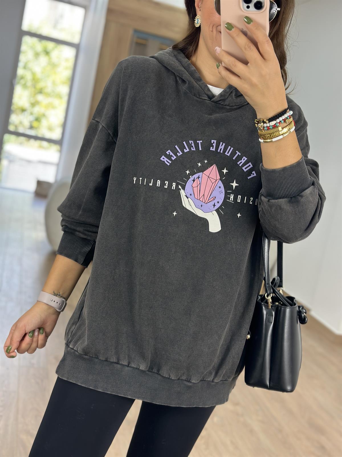 Baskı Detaylı Yıkamalı Sweatshirt