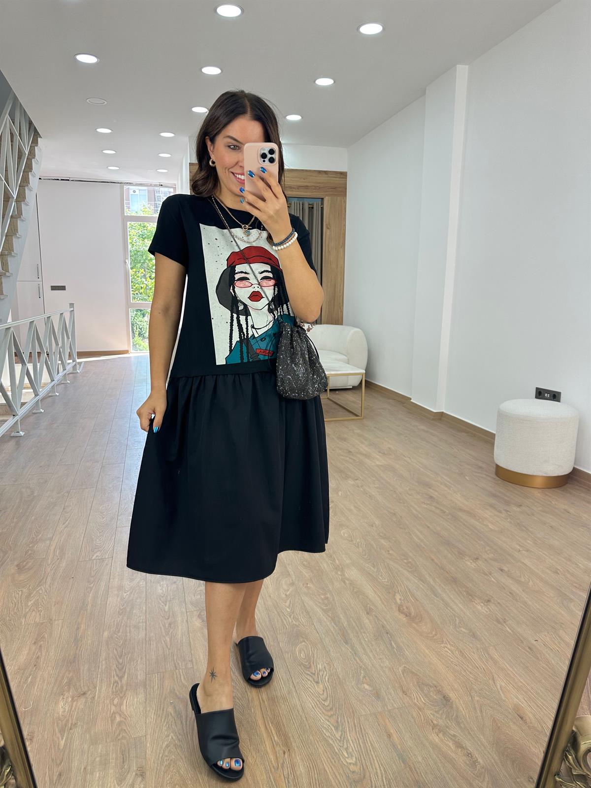 Baskılı Poplin Detaylı Salaş Elbise