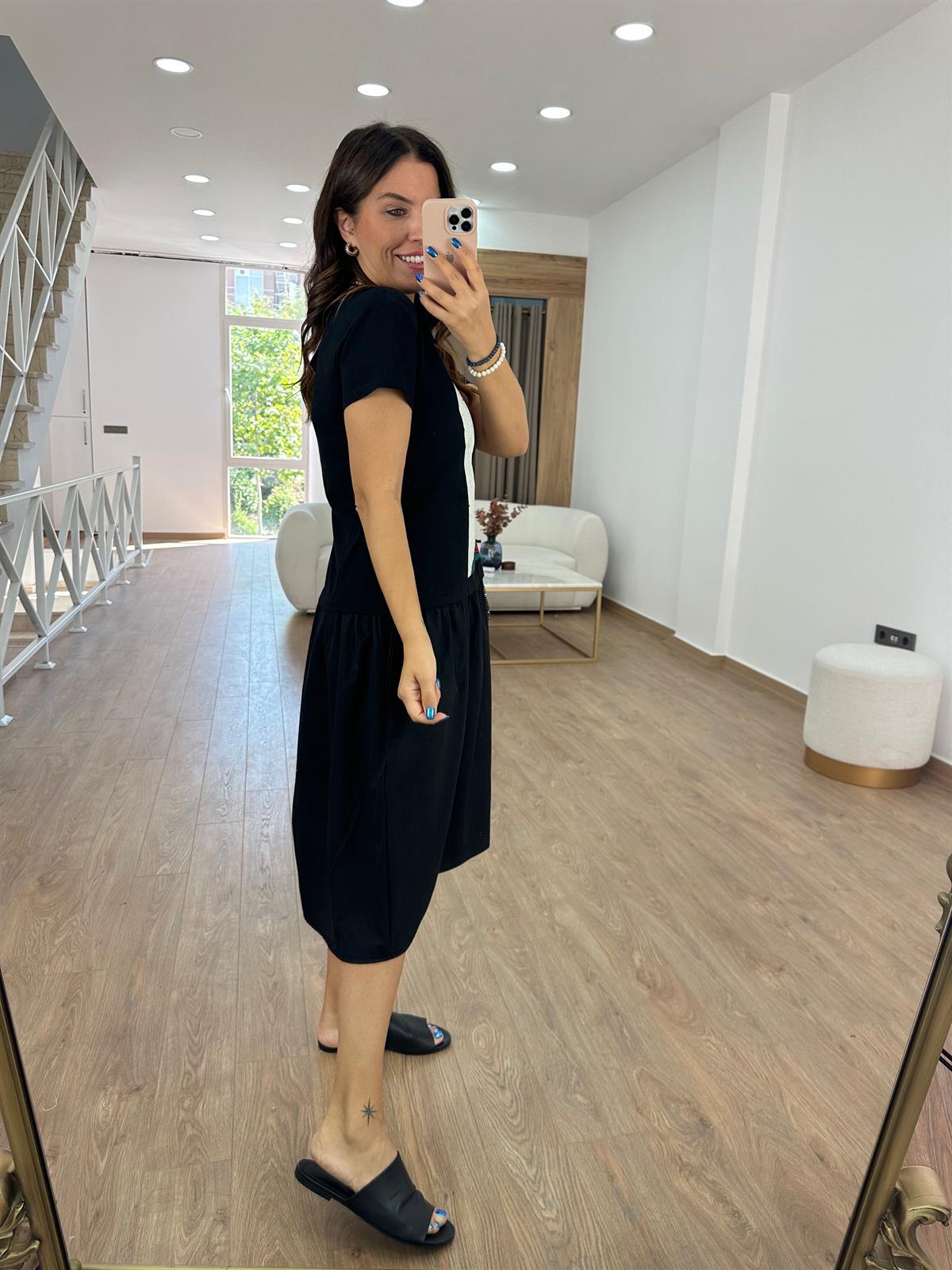 Baskılı Poplin Detaylı Salaş Elbise