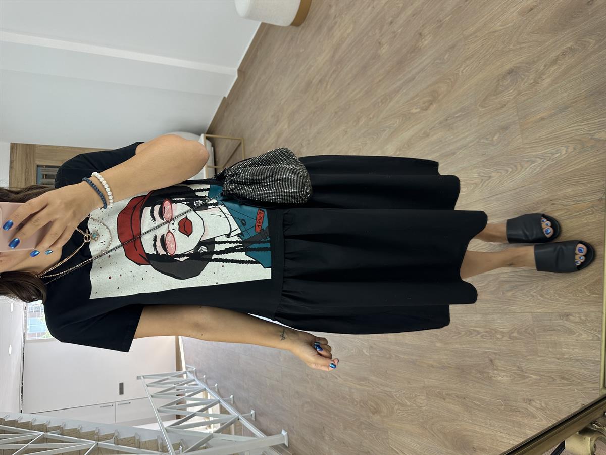 Baskılı Poplin Detaylı Salaş Elbise