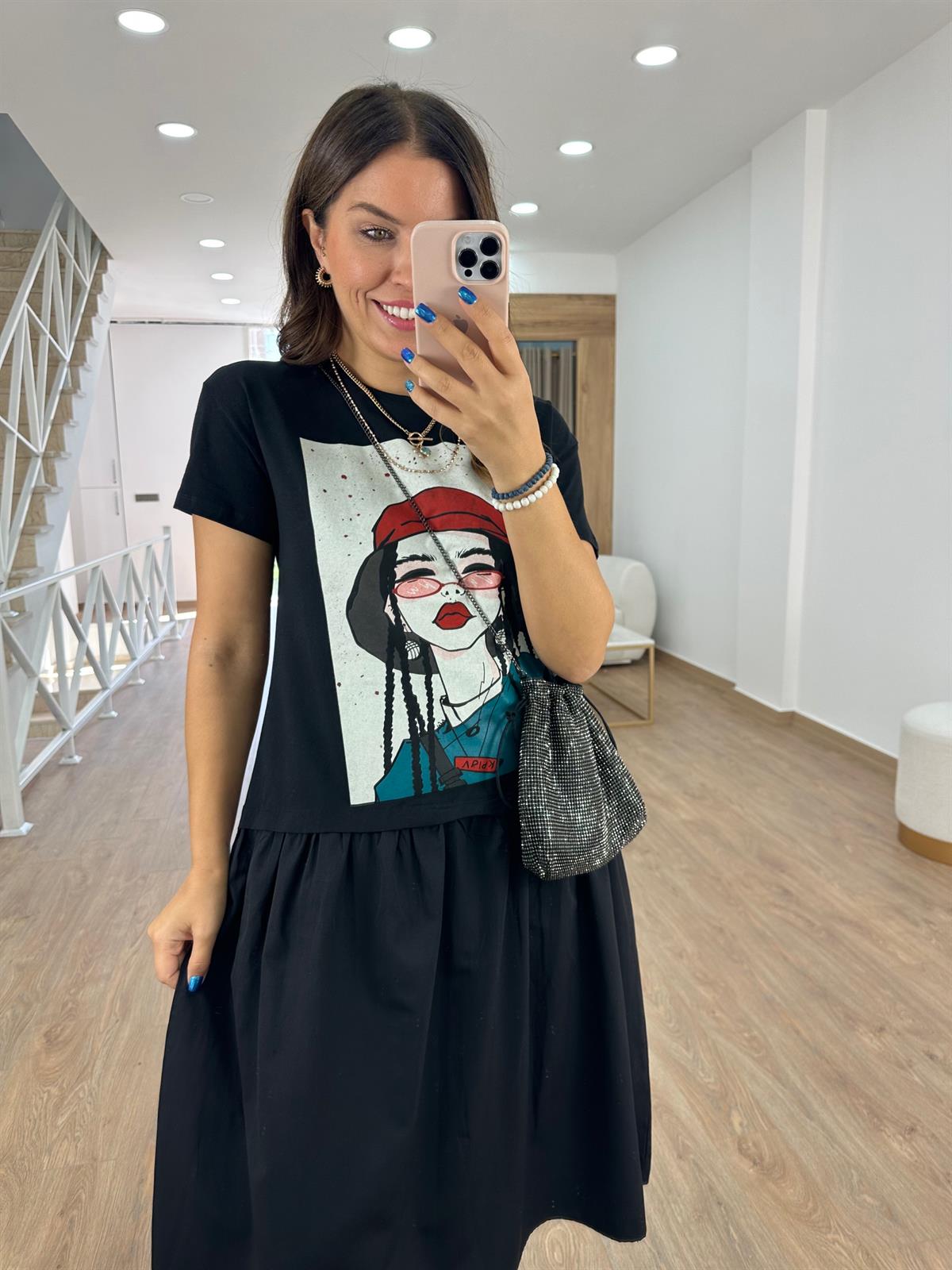 Baskılı Poplin Detaylı Salaş Elbise