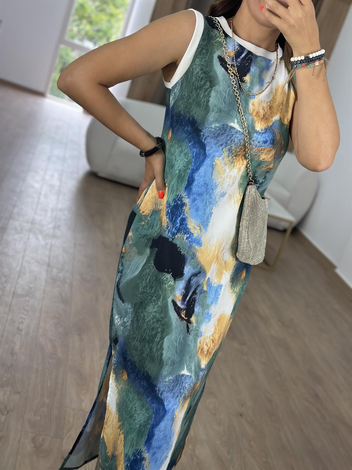 Batik Desen Sıfır Kol Elbise