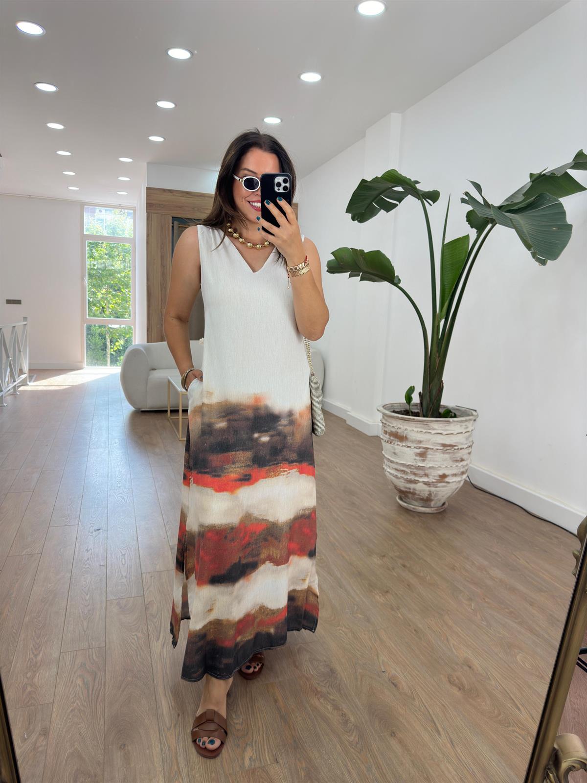 Batik Desenli Tasarım Keten Elbise