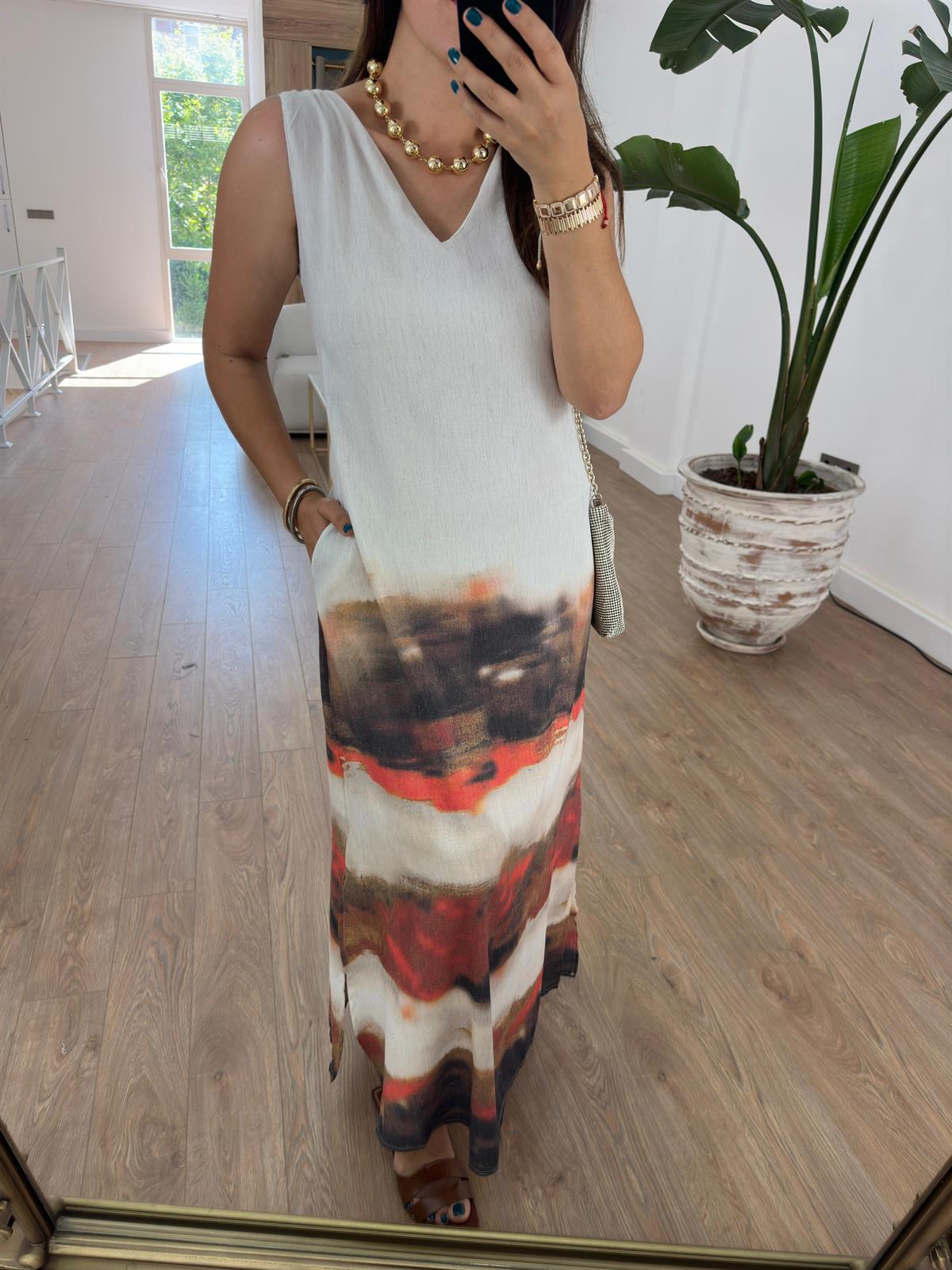 Batik Desenli Tasarım Keten Elbise