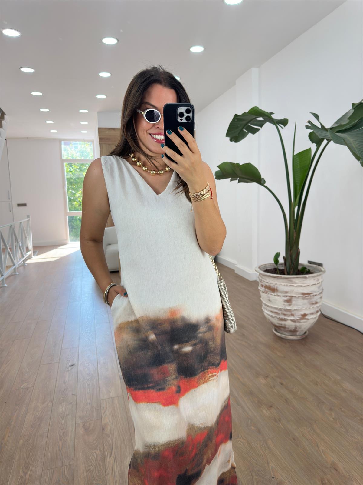 Batik Desenli Tasarım Keten Elbise