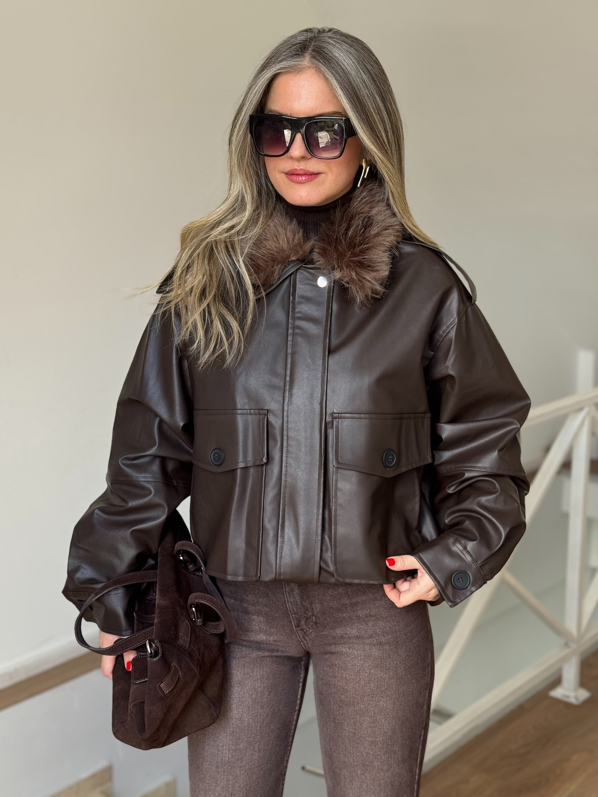 Yakası Kürklü Deri Bomber Ceket - Kahverengi