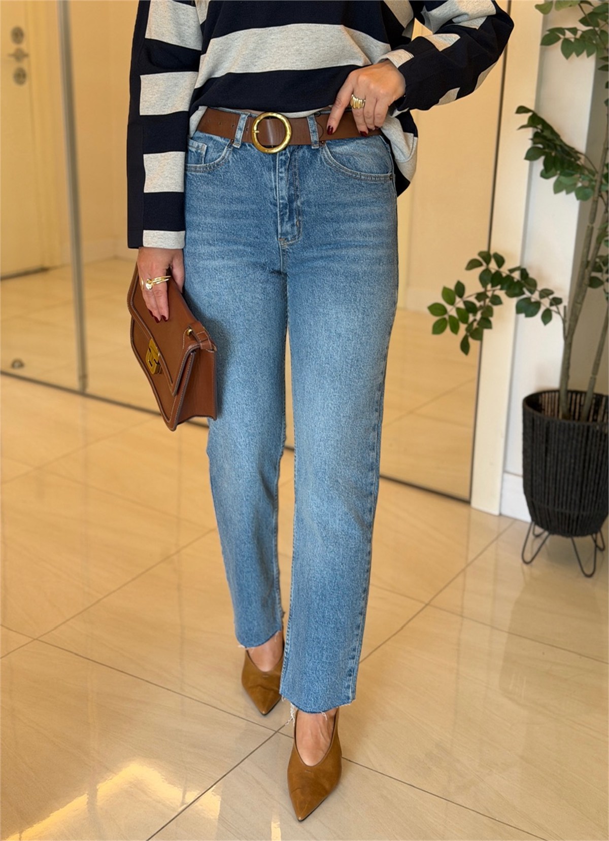 Likralı Kesik Paça Boyfit Jean-Mavi