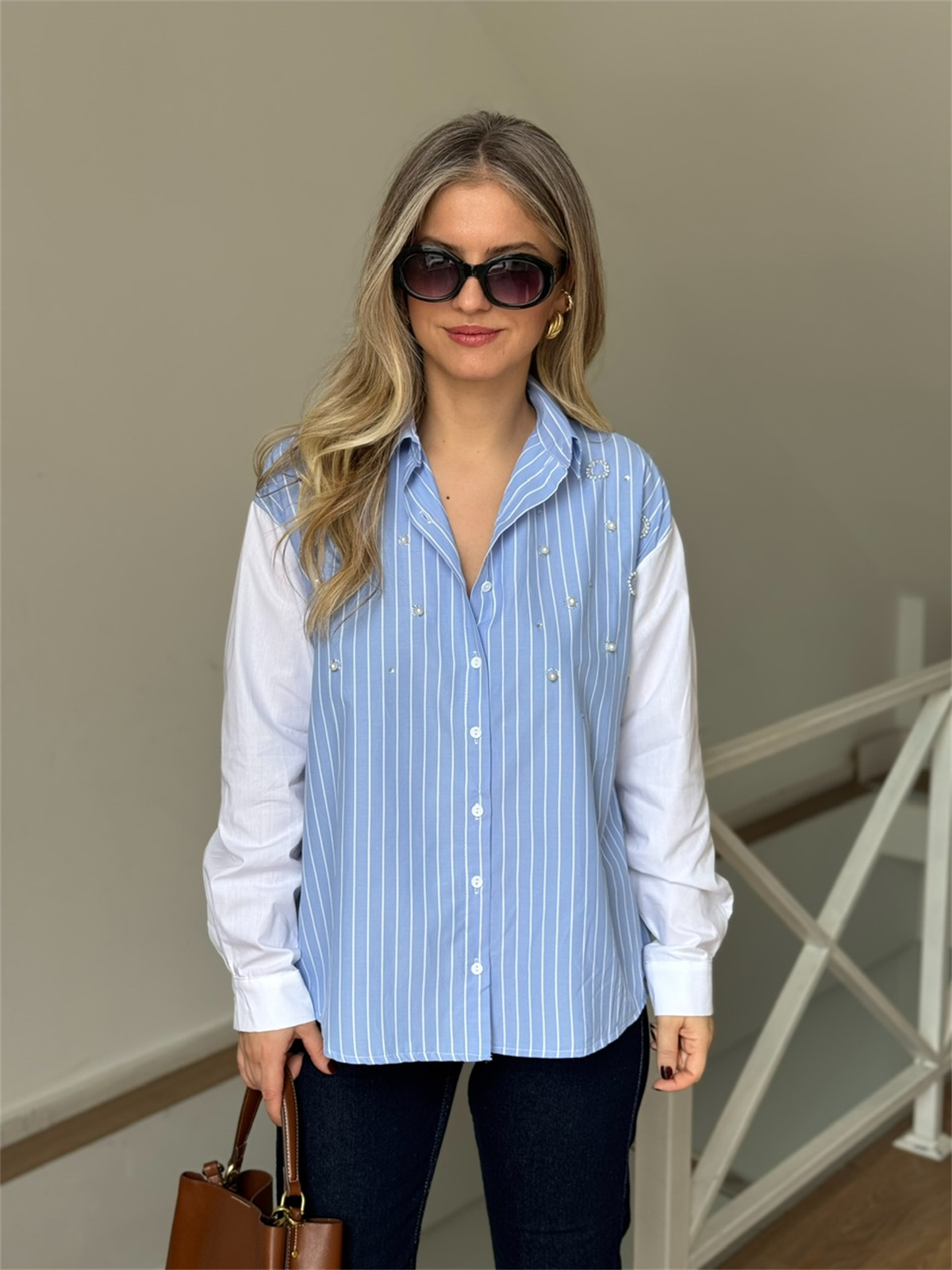 İncili Taşlı Çizgili Gömlek
