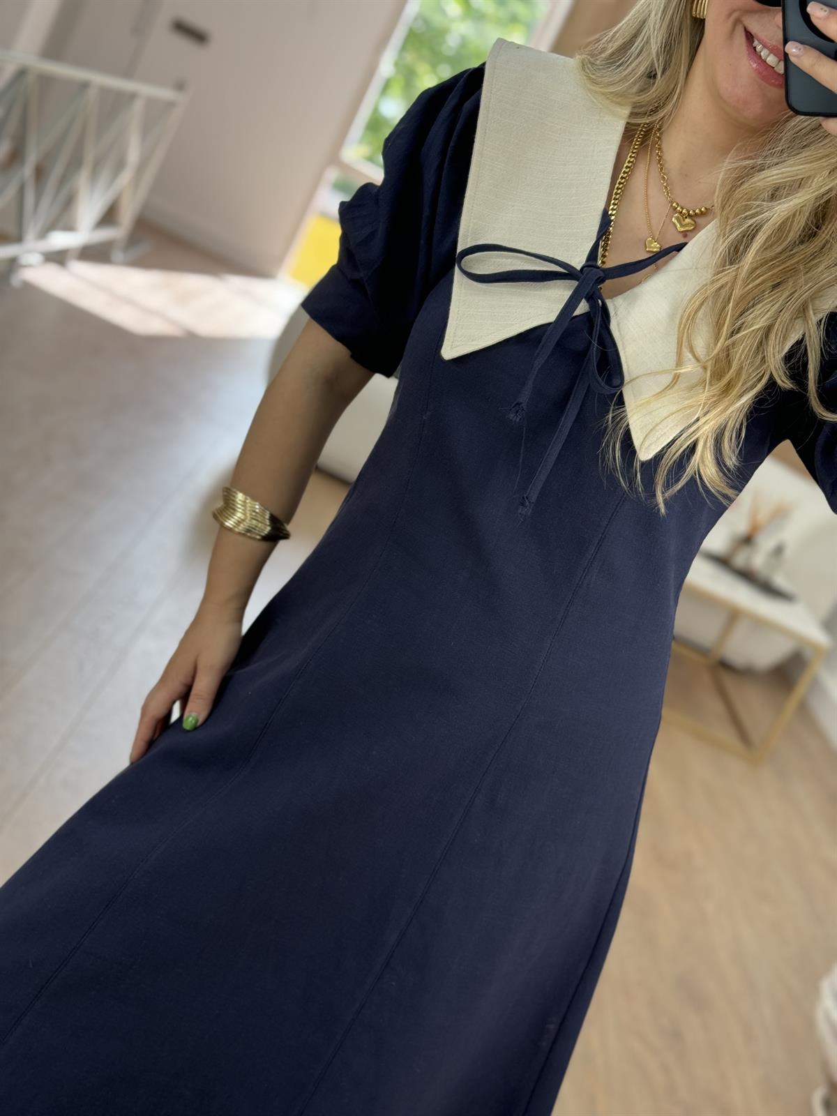 Bebe Yaka Balon Kollu Elbise-Lacivert