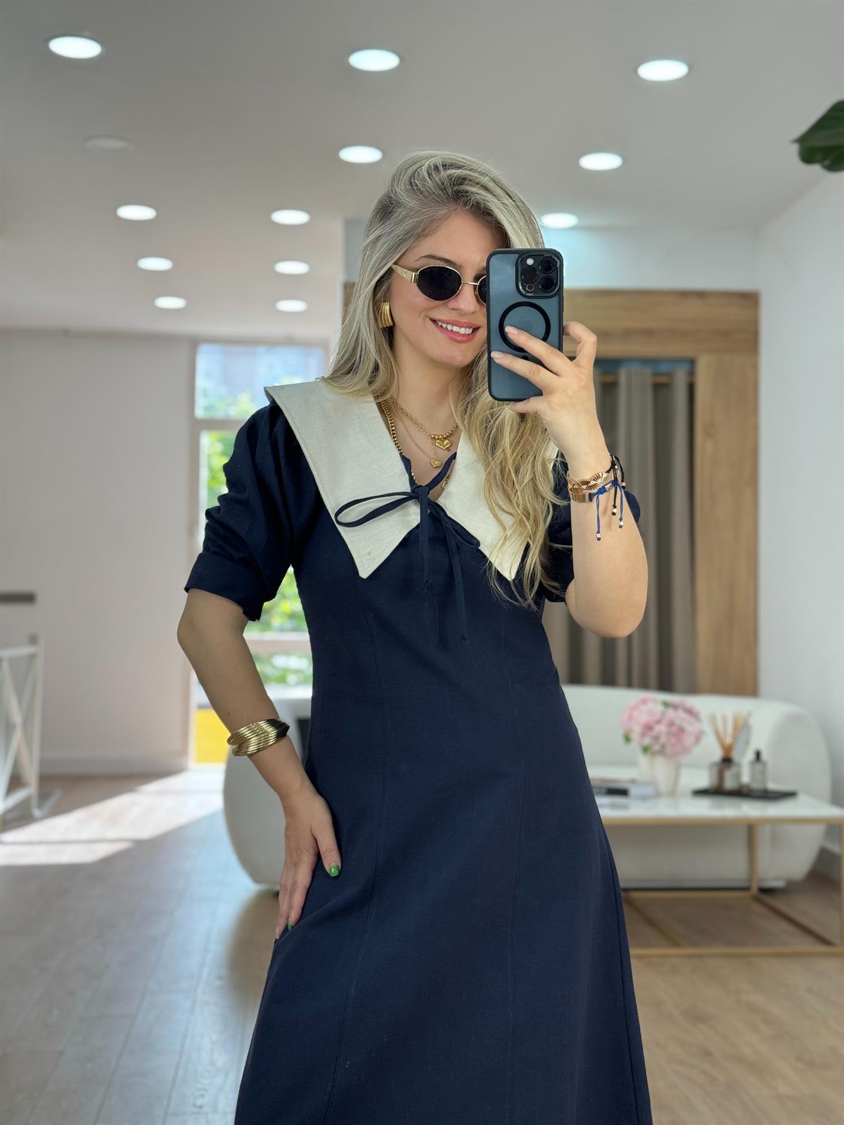 Bebe Yaka Balon Kollu Elbise-Lacivert