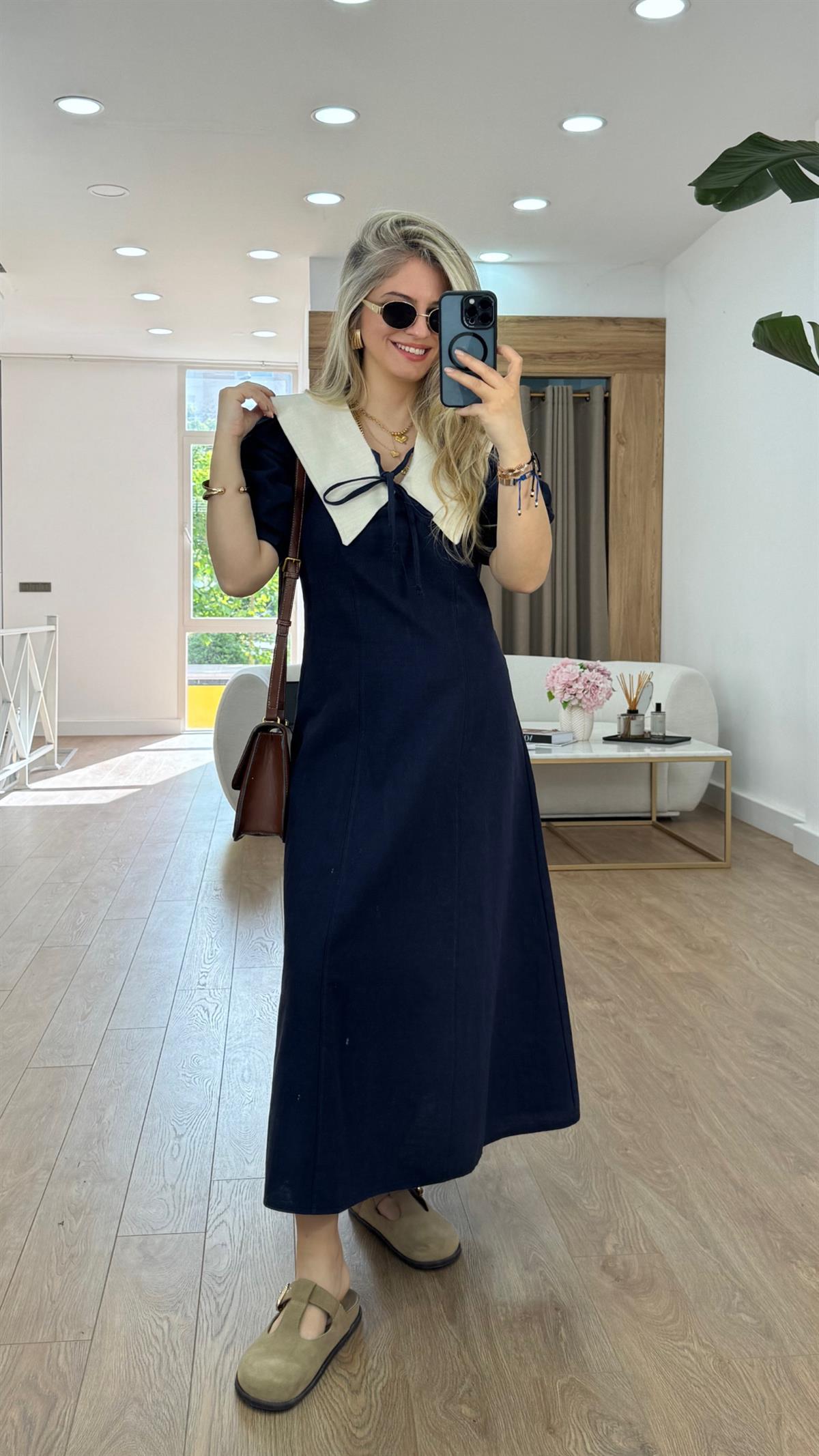 Bebe Yaka Balon Kollu Elbise-Lacivert