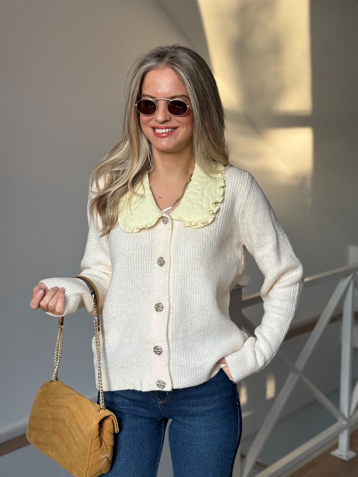 Bebe Yaka Garnili Triko Hırka - Ekru 