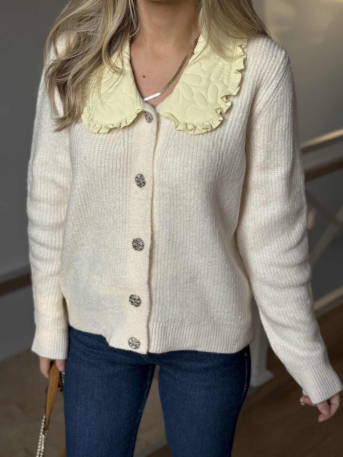 Bebe Yaka Garnili Triko Hırka - Ekru 