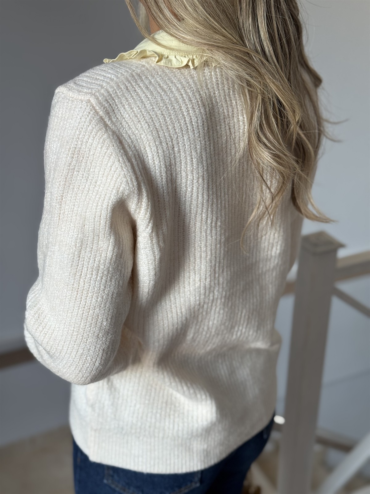 Bebe Yaka Garnili Triko Hırka - Ekru 