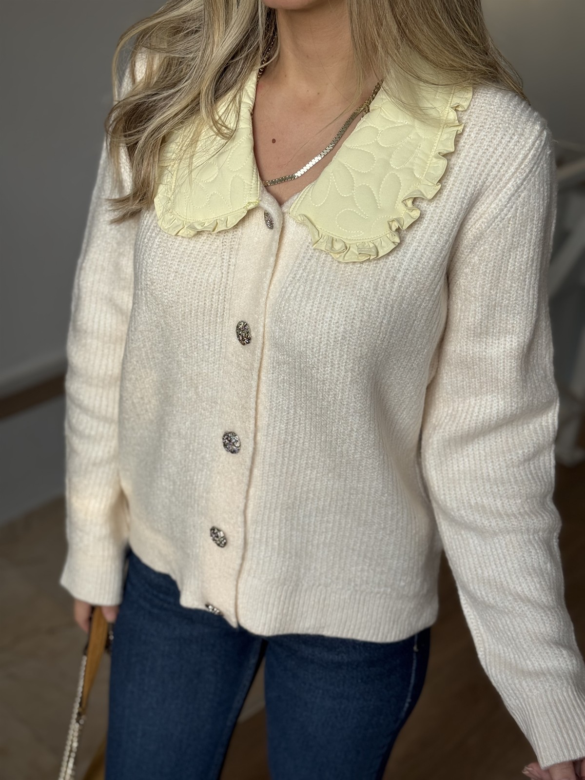 Bebe Yaka Garnili Triko Hırka - Ekru 