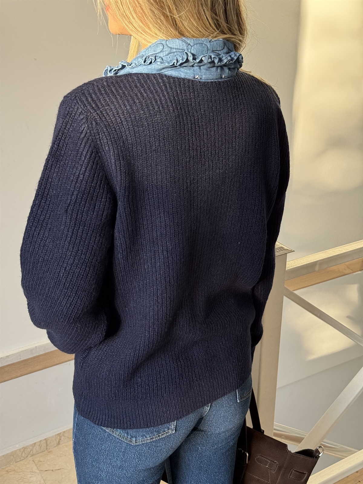 Bebe Yaka Garnili Triko Hırka - Lacivert 