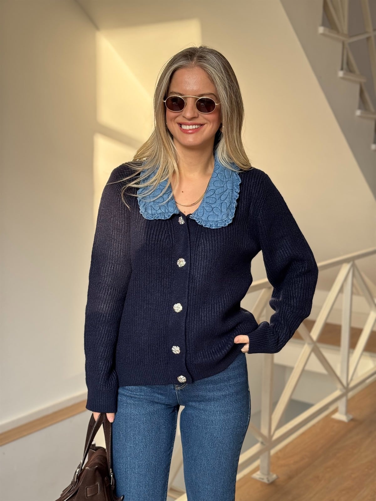 Bebe Yaka Garnili Triko Hırka - Lacivert 