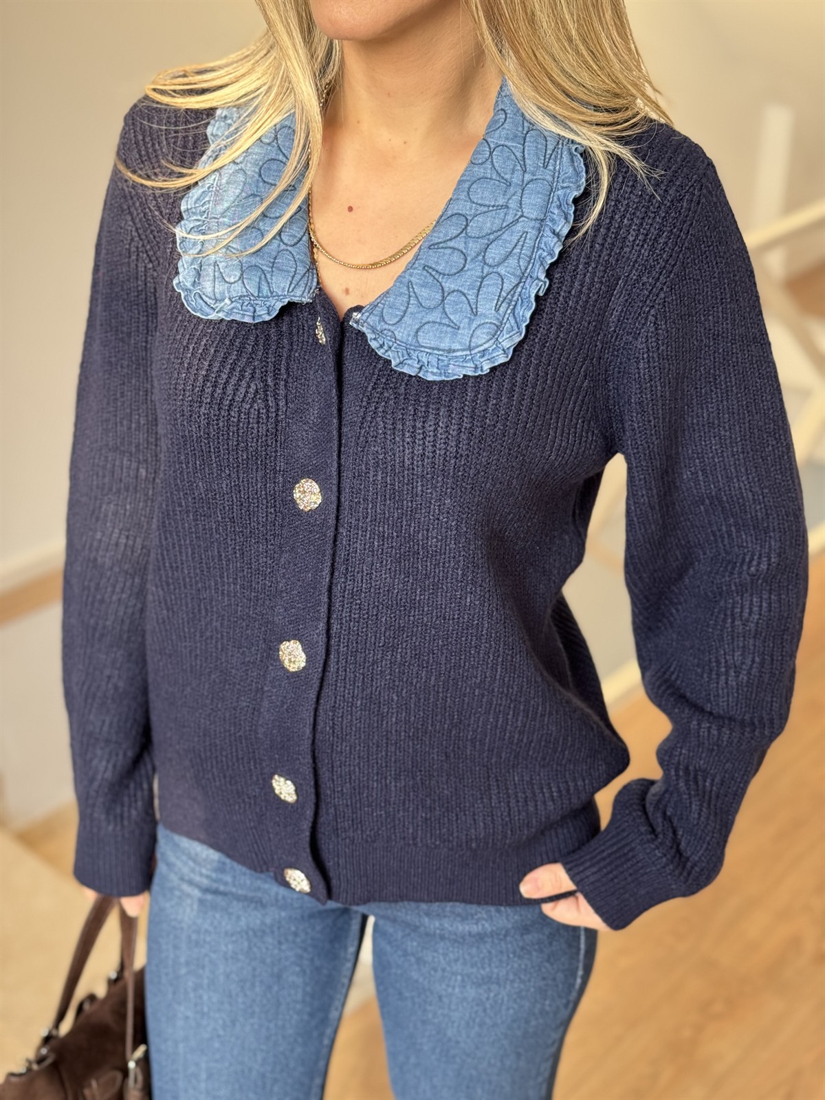 Bebe Yaka Garnili Triko Hırka - Lacivert 