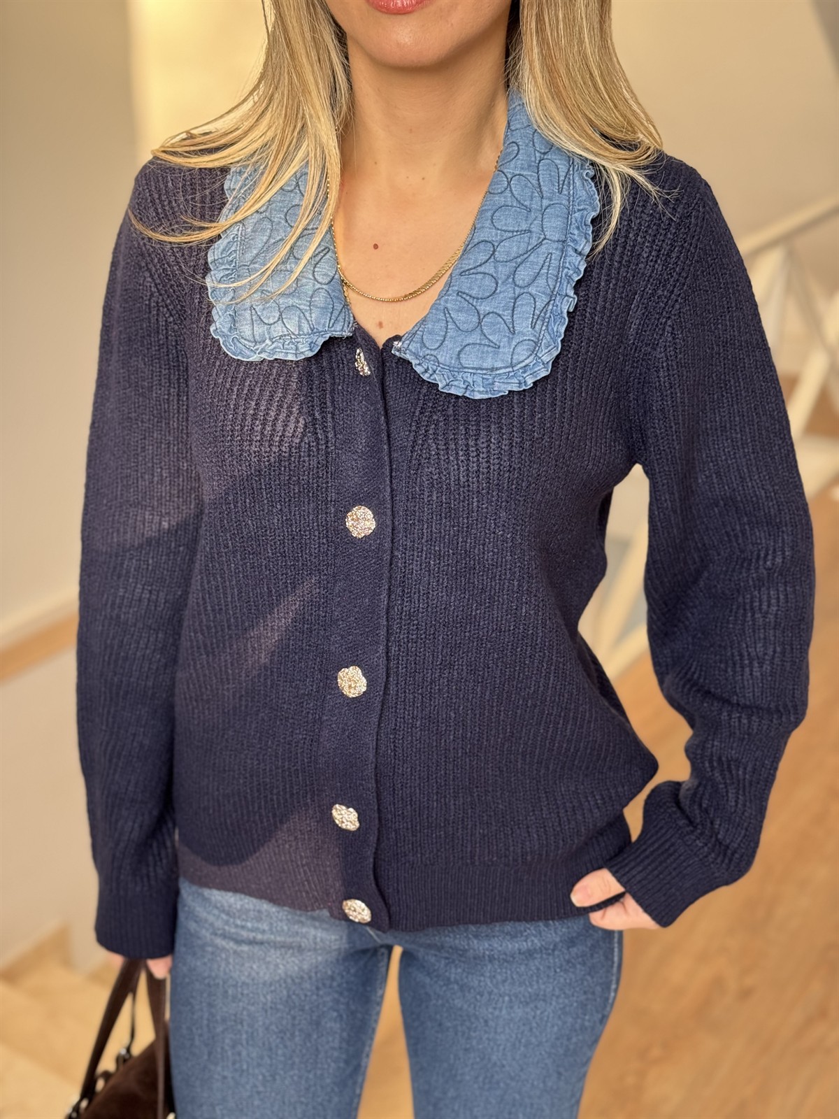 Bebe Yaka Garnili Triko Hırka - Lacivert 